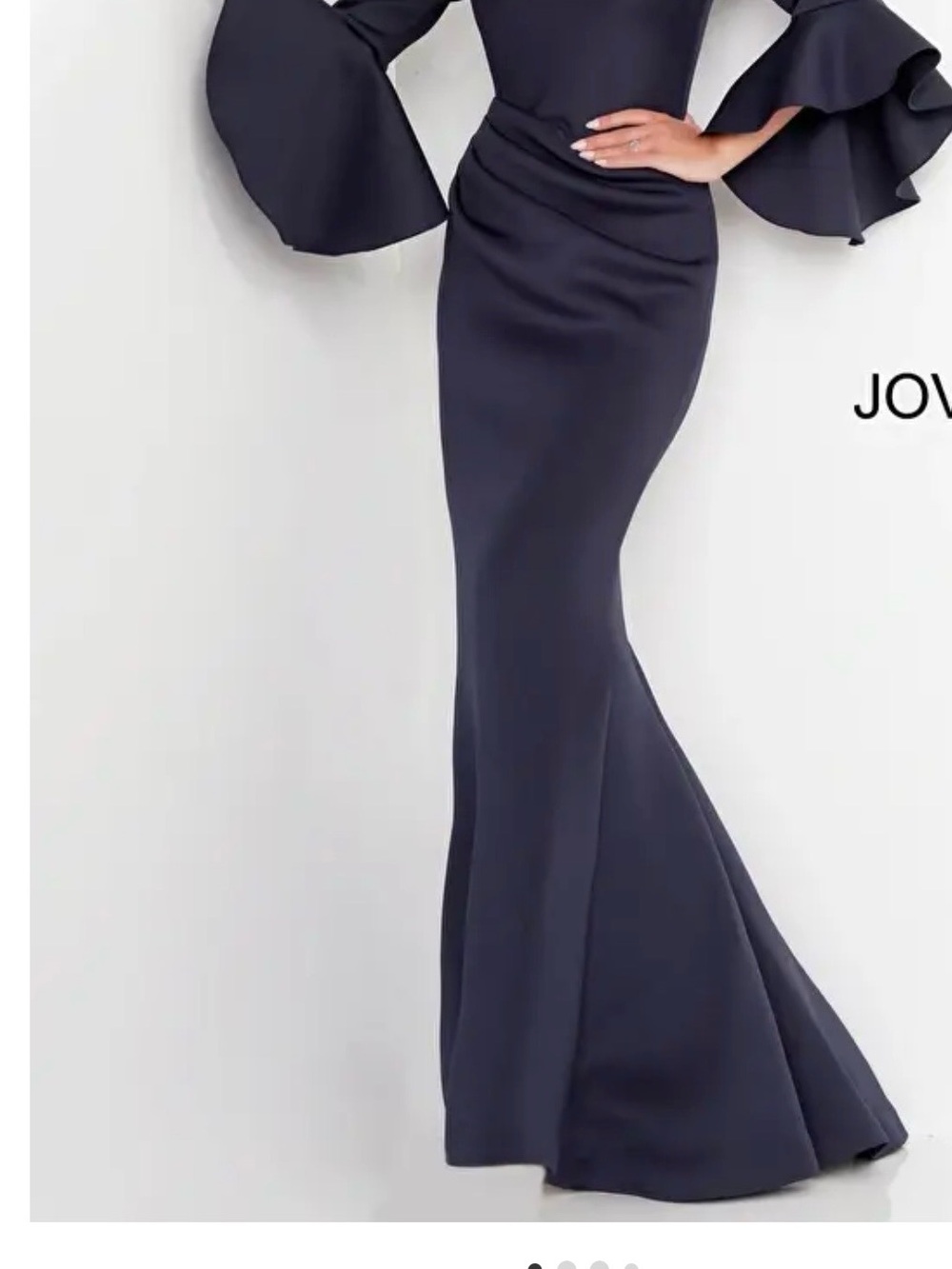 Jovani Navy Mermaid Gown with Dramatic Ruffled Sleeves